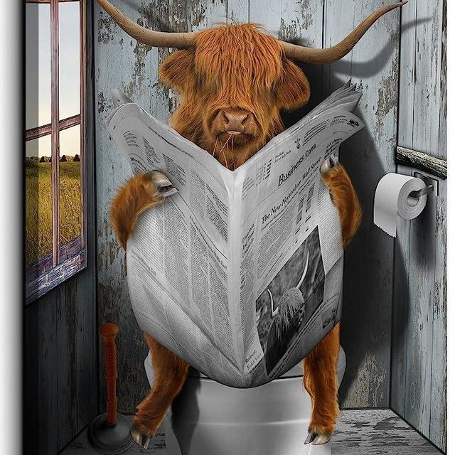 Vantboo Highland Cow are Reading Newspapers In The Toilet Canvas Prints Wall Art Paintings Home Decor Funny Cute Artworks Pictures For Living Room Bedroom Bathroom Decoration 12X16 Inches