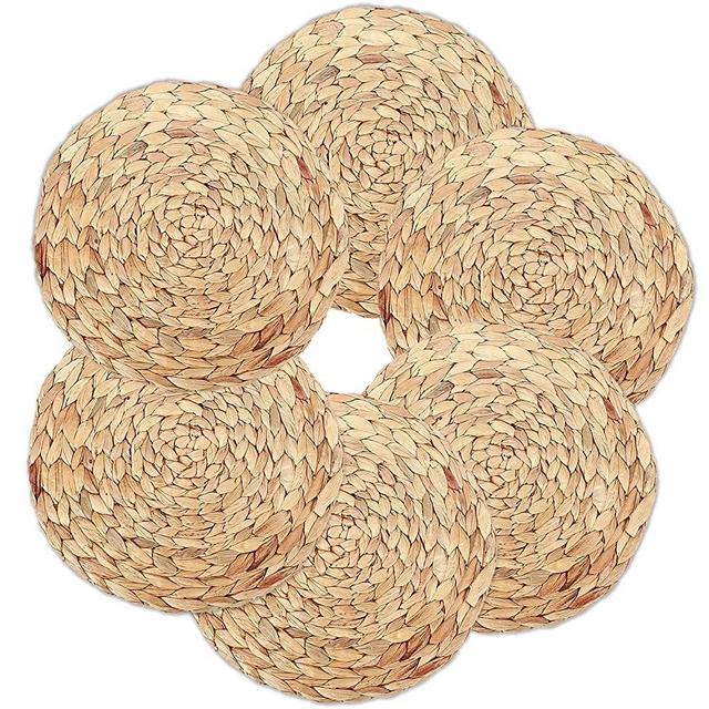 6 Pack Woven Placemats,Natural Water Hyacinth Weave Placemat Round Braided Rattan Tablemats 15”