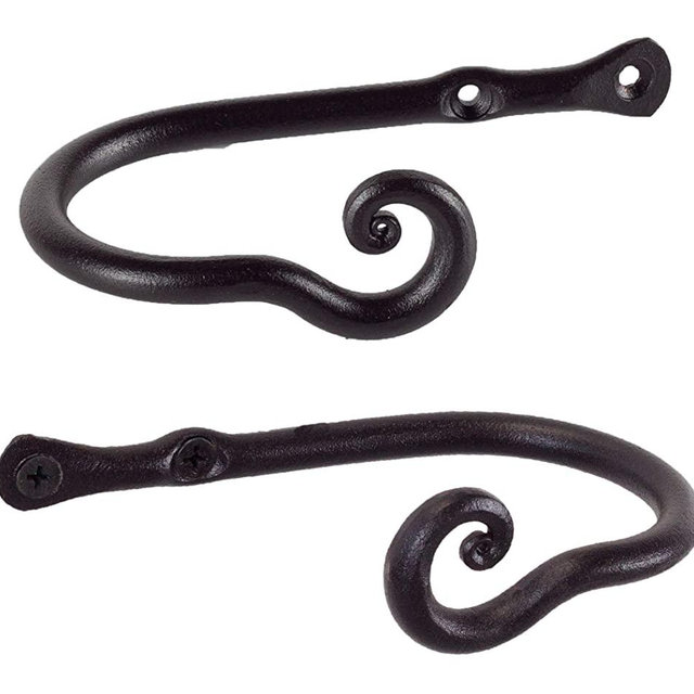 RTZEN Decorative Small Curtain Holdbacks | Set of 2 | Wrought Iron Window Drapery Tiebacks | Small Handmade Rod Drape Tieback Hooks (Black) | Rot Metal Drapes Hangers | Unique Hand Craft Décor