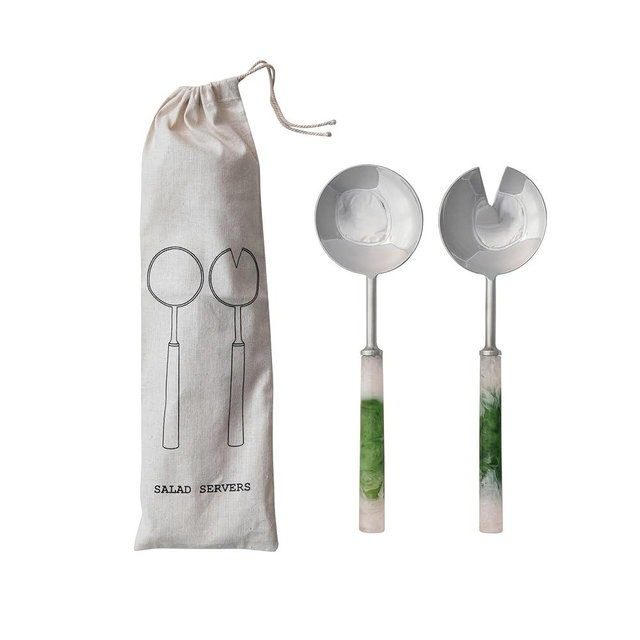 Creative Co-Op 2-Piece Stainless Steel Salad Servers, Green and White