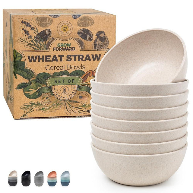 Grow Forward Premium Wheat Straw Cereal Bowls Set of 8-27oz Microwave Safe Plastic Bowls Reusable - Unbreakable BPA-Free Dishwasher Safe Bowls for Camping, RV - Bowls for Kitchen - Sahara