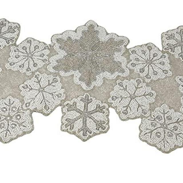 Northeast Home Goods Silver and White Snowflake Beaded Table Runner, 36-Inch x 13-Inch
