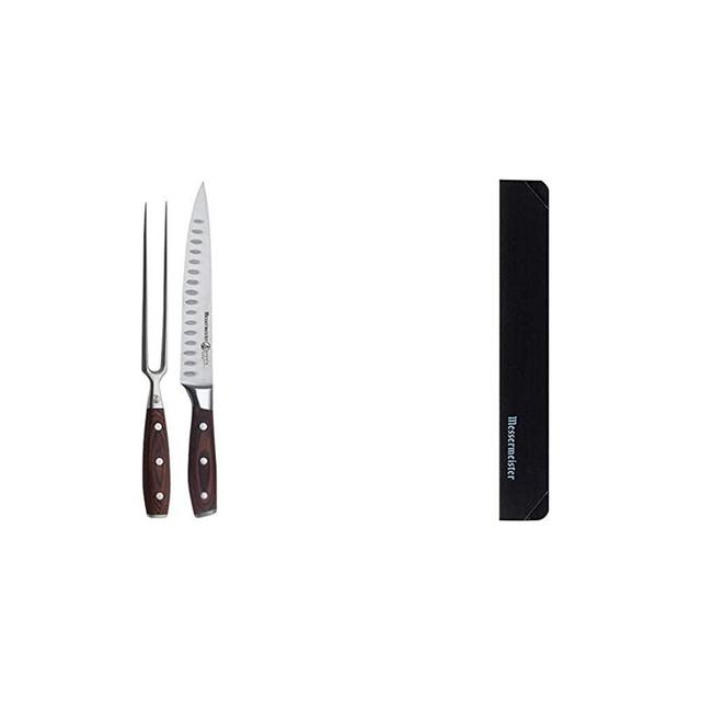 Messermeister Pakkawood Avanta Kullenschliff Carving Knife and Fork Set, 2 Piece & Slicer Knife Edge Guard, 8 Inch, Black