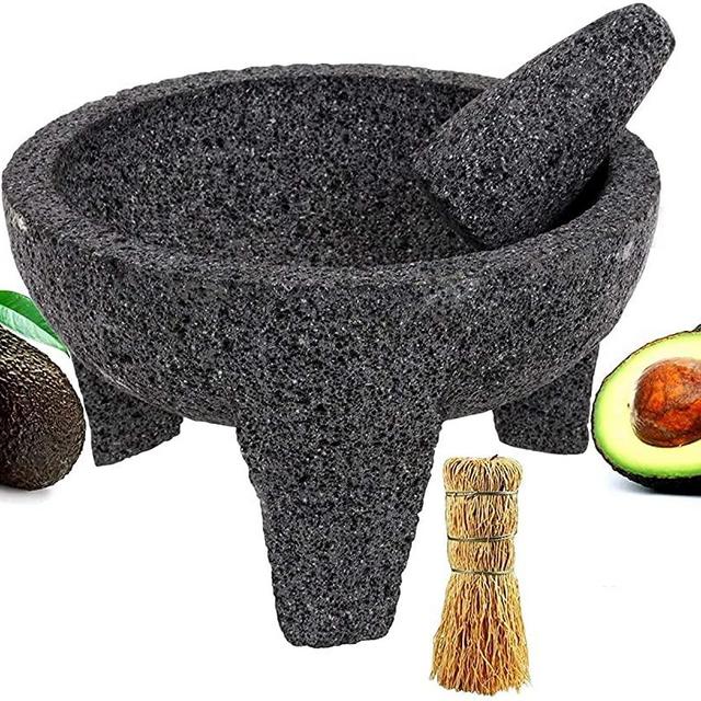 EMATIK Molcajete 10” Mortar & Pestle with free Root Brush, Salsera Salsa Guacamole Tejolote Lavastone Aztec Mayan Toltec Volcanic Rock Ancient Traditional Pre-Hispanic Antique