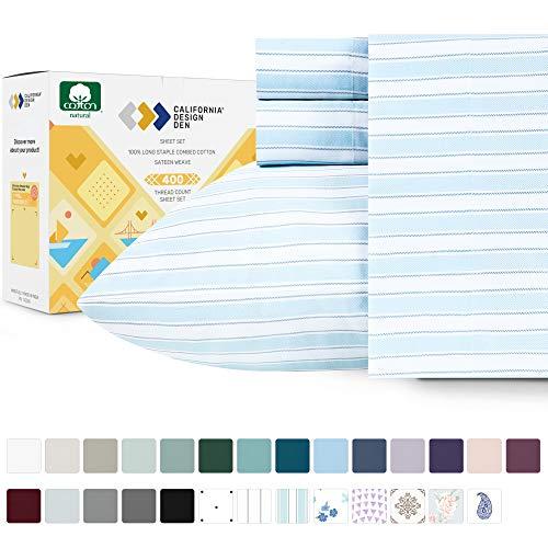 California Design Den 400-Thread-Count 100% Cotton Sheets - 4 Piece Cape Stripe - Sky Blue King Size Printed Sheet Set, Combed Cotton Hotel Quality Bed Sheets, Deep Pockets Fit Mattress 16''