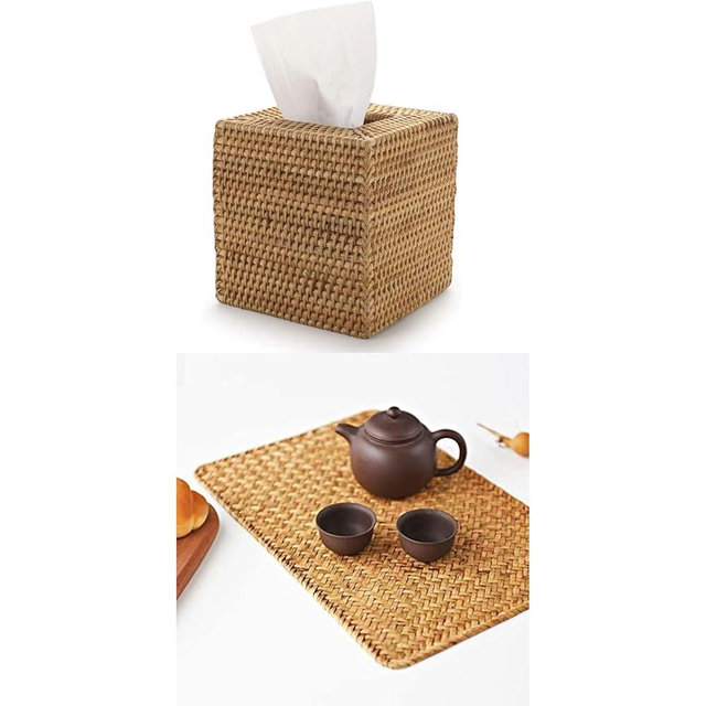 6 Pack Rectangular Woven Placemats 17"x12", Rattan Tissue Box Cover 5.5x5.5x5.7 inches, for Dinning Table, Party, Wedding