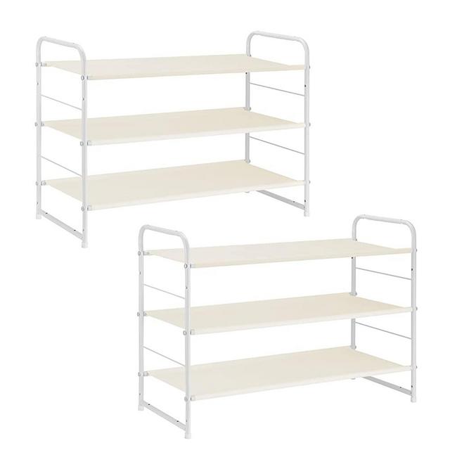 2 Pack Simple Trending 3-Tier Stackable Shoe Rack, Expandable & Adjustable Fabric Shoe Shelf Storage Organizer, White
