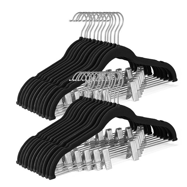 HOUSE DAY Velvet Skirt Hangers 36 Pack, Black Velvet Hangers with Adjustable Clips, Space Saving Slim Velvet Pant Hangers, Heavy Duty Shorts Hangers, Non Slip Clip Hangers for Pants, Skirts, Shorts