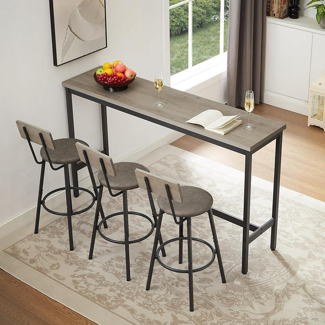 A ALFRESCOOL Long Bar Table and Chairs Set for 3, 63" L 4 Pieces Rectangle Pub Bistro Table with 3 PU Upholstered Bar Stools, Counter Height Breakfast High Table Set for Kitchen, Restaurant (Grey)