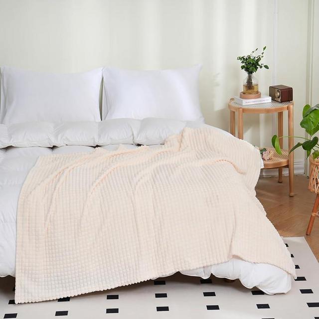 Puncuntex Flannel Fleece Throw Blanket Cream White 60"×80",Super Soft Plush Cozy Blanket with Square Grid Design Luxury for Couch Sofa Chair