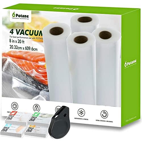 POTANE Premium Vacuum Sealer Bags Rolls, 4-pack with Cutter and Date Labels, 8 Inch X 20 Feet for POTANE, Food Saver, Weston, Geryon and other vacuum sealer Brands. Commercial Grade, BPA Free, Great for Vacuum storage, Meal or Sous Vide