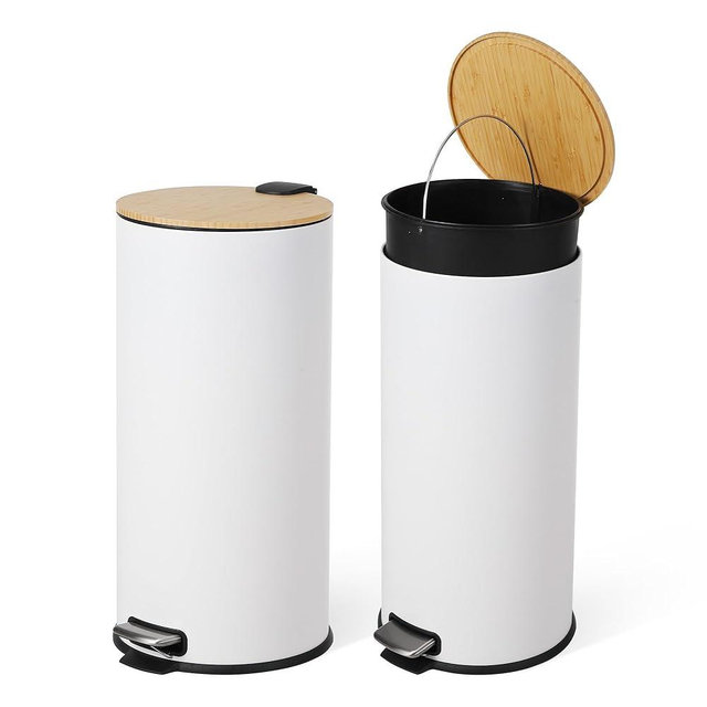 FinerFurnis 8 Gallon (30 Liter) Step Trash Can with Bamboo Lid, Round Slim Stainless Steel Garbage Can with Removable Inner Liner, Soft Close Lid, Fingerprint-Resistant Finish
