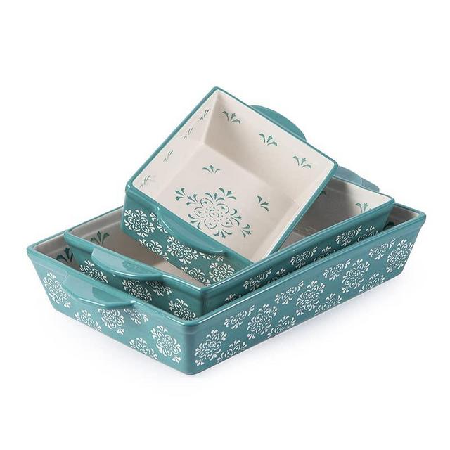 Baking Dishes Ceramic Casserole Dish 3pcs Bakeware Set 13x9inch Baking Pan Nonstick Lassagne Pan Stackable, Hand-Painted, Floral Pattern, for Kitchen