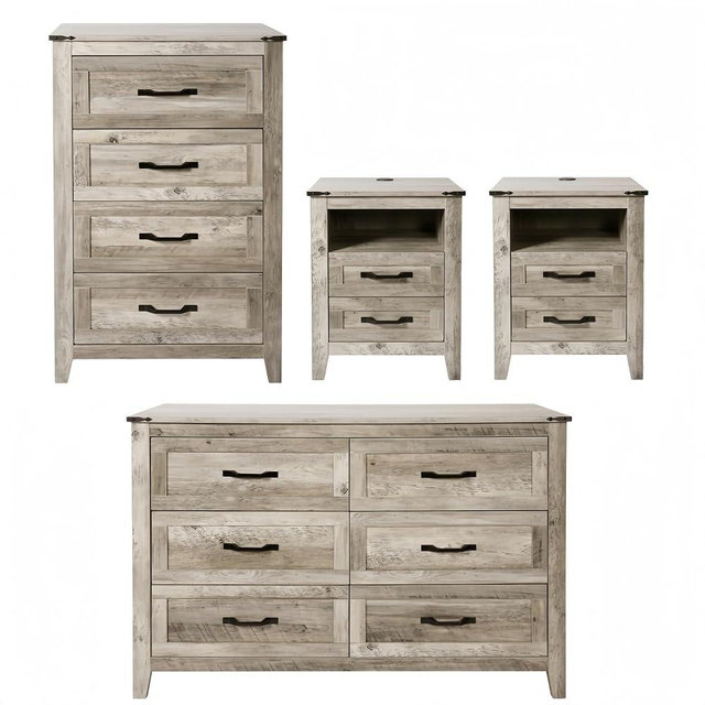 NEDYO 4PCS Farmhouse Dresser Set, Dresser and Nightstand Sets, Rustic Wooden Dresser Set. Including 6 Drawer Dresser & 4 Drawer Dresser & 2 Drawer Nightstand Set of 2 with USB. Light Rustic Oak