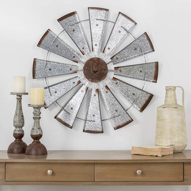 Glitzhome 28" Farmhouse Galvanized Windmill Wall Sculpture Home Decor Rustic Metal Rustic Wall Art Decoration, Silver
