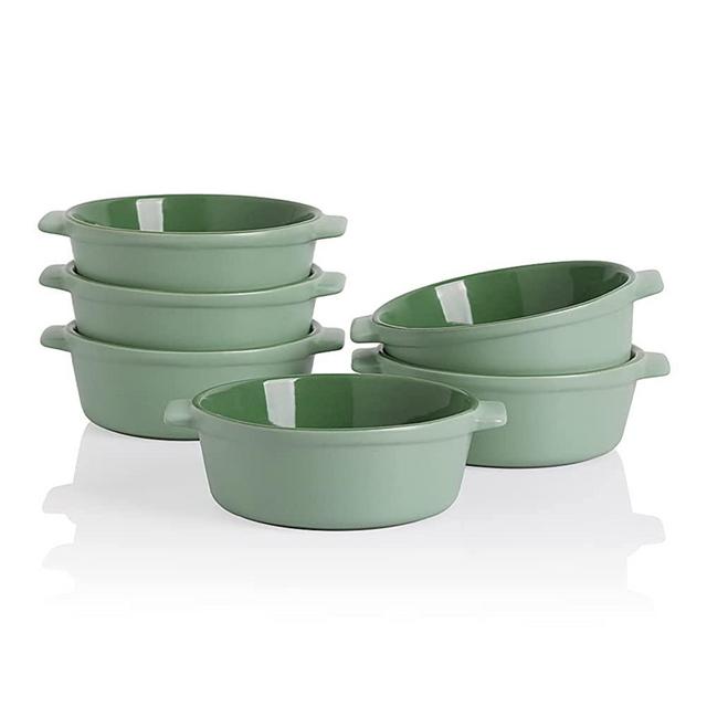 SWEEJAR Ceramic Souffle, Round Double Handle Ramekins, 10oz Creme Brulee, Custard Cheese and Dipping Sauce, Set of 6(Green)