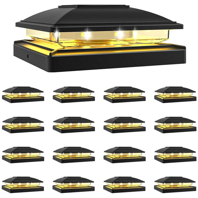 VOLISUN Solar Post Cap Light Outdoor Waterproof 16pack,Solar Fence - Post Lights for 4x4 5x5 6x6 Wooden/Vinyl Post,Black Deck Cap Light Solar Powered with Warm White for Garden/Patio/Porch