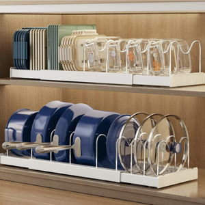 2 Pack Expandable Food Storage Container Lid Organizers, 22" Pots and Pans Organizer Under Cabinet with 9 Adjustable Dividers Pot and Pan Lid Holders Rack Inside Cabinet(White)
