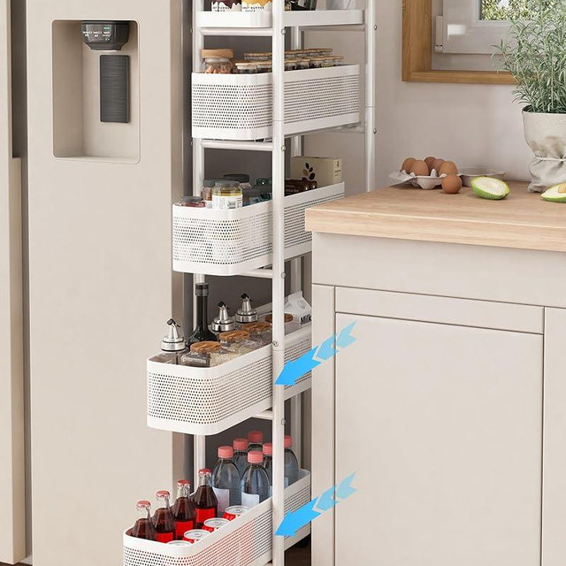 UMDONX Slim Storage Cart 5 Tier with Pull Out Basket Bathroom Organizer Rolling cart, Rolling Utility Cart Slide Out Organizer for Kitchen, Bathroom, Laundry White