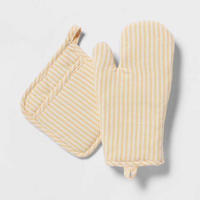 2pc Cotton Striped Oven Mitt and Pot Holder Set Yellow - Threshold™