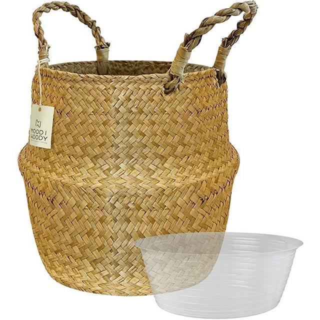 MoodiWoody Seagrass Baskets for Plants – Hand Woven Plant Basket with Plastic Tray, Eco-Friendly Extra Large Storage for Laundry, Picnic, Home Decor and Plant Pot Cover (Large, Original)
