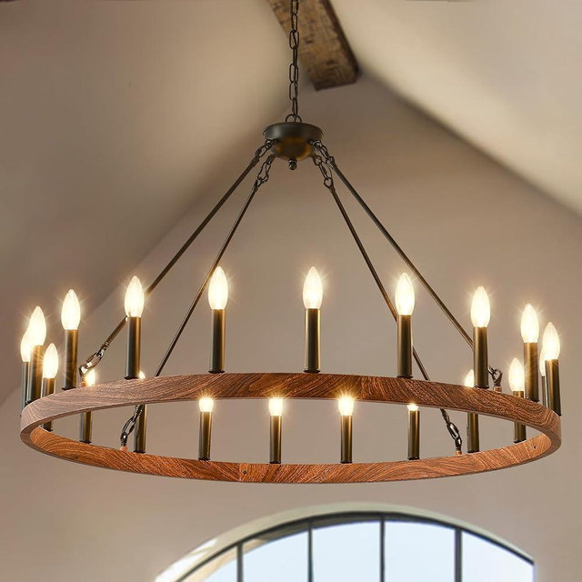 VBKK Wagon Wheel Chandelier 40" with Wood Grain Finish, 20-Light Farmhouse Wagon Wheel Chandelier for Dining Room, Modern Round Iron Candle Chandeliers Light for Living Room, Foyer, Entryway, E12