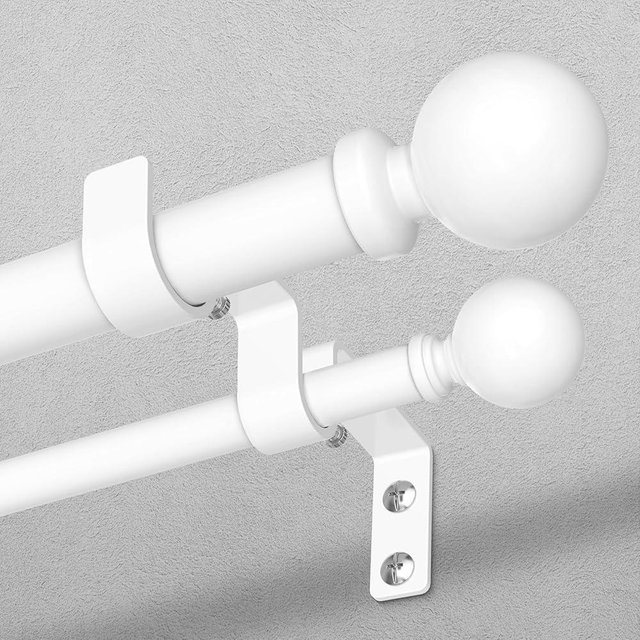 Wolistsa Double Curtain Rod 36-124 Inch, White Long Dual Curtain Rods for Windows, 1 Inch Decorative Adjustable Heavy Duty Telescopic Spliced Window Treatment Rods for Bedroom Living Room Farmhouse