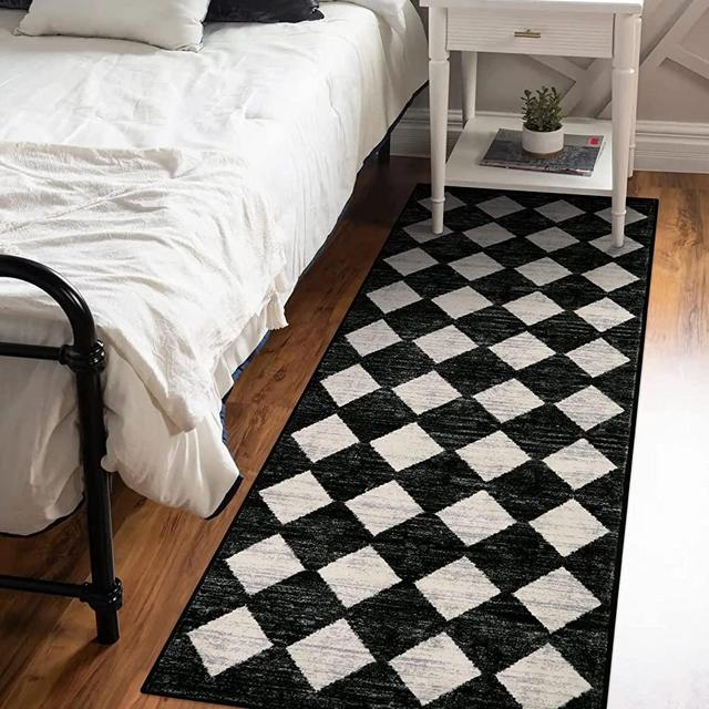 Lahome Moroccan Trellis Runner Rug - 2x6 Washable Black Bathroom Runner Rug Laundry Room Carpet Runner, Modern Soft Non Slip Indoor Floor Accent Mat for Bedside Kitchen Hall Bar Entryway RV