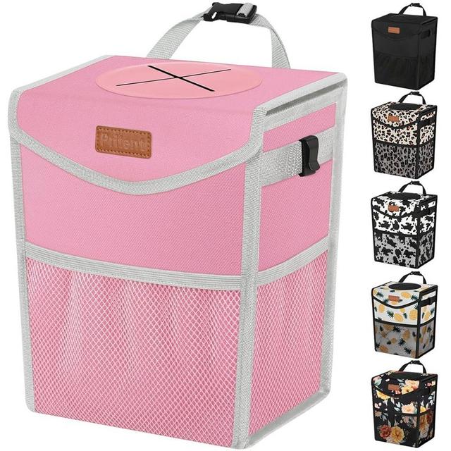 Pritent Car Trash Can with Lid, Cute Leakproof Car Trash Garbage Bag Hanging Vehicle Trash Bin Small Portable Automotive Garbage Cans Organizer for Back/Front Seat(Trapezoid,Pink