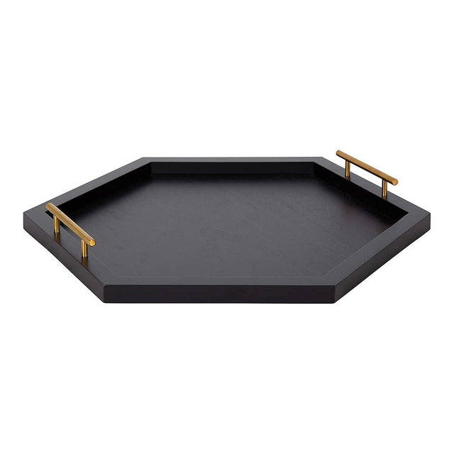 Kate and Laurel Halsey Hexagon Decorative Wooden Tray with Polished Metal Handles, 22 x 19, Black and Gold, Modern Glam Wood Hexagon Serving Tray for Display or Decoration