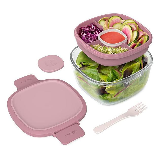 Bentgo Glass - Leak-Proof Salad Container with Large Salad Bowl, 4-Compartment Bento-Style Tray for Toppings, 3-oz Sauce Container for Dressings, and Built-In Reusable Fork (Rose)