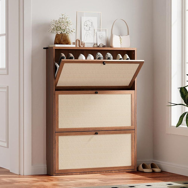 AVZEAR Narrow Shoe Storage Cabinet for Entryway with 3 Flip Drawers, Freestanding Slim Shoe Cabinet with Linen Panel, Wood Shoe Organizer Closed Shoe Rack for Hallway, Foyer, Living Room (Walnut)