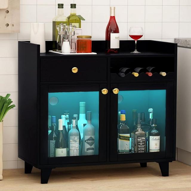 COCO DESIGN Small Wine Liquor Cabinet with Led Light, Black Modern Coffee Bar Cabinet with Storage for Home, Buffet Sideboard with Glass Door & Wavy Wine Rack for Kitchen, Farmhouse