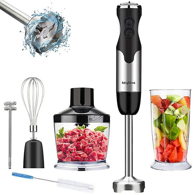 5-in-1 Immersion Hand Blender, Powerful 800W 12-Speed Handheld Stick Blender with Stainless Steel Blades, with Chopper, Beaker, Whisk and Milk Frother for Smoothie, Baby Food, Sauces Red,Puree, Soup