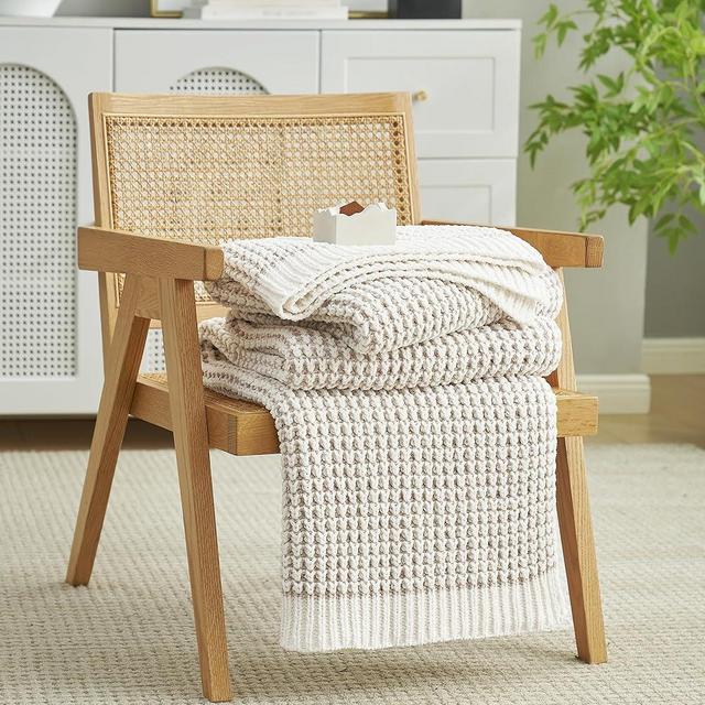 Amélie Home Chenille Waffle Throw Blanket for Couch, Reversible Pineapple Stitch Knit Soft Cozy Knit Blanket Lightweight Warm Decorative Throw for Sofa, Bed, Living Room, Beige&Ivory, 50 x 60 inch