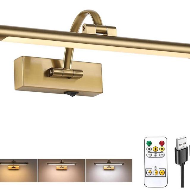 Tassuowell Wireless Picture Lights for Wall Rechargeable, Battery Operated Art Light for Paintings, 3CCT Dimmable, 15.7" Brass Finish with Remote, Rotatable Gallery Light for Pictures Display
