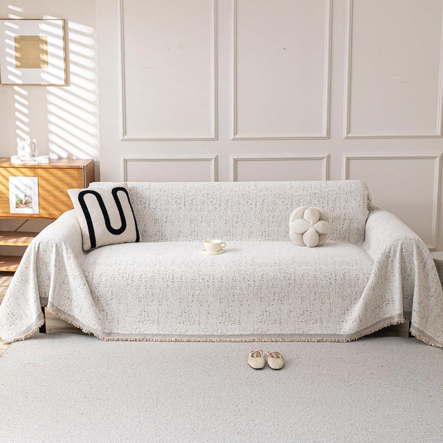 KaviKon Couch Cover for Dogs, Boho Sofa Covers for 3 Cushion Couch, Chenille Slipcover for Pets Washable, L-Shape Sectional Couch Loveseat Cover Soft Throw Blankets with Tassels(71x134,Speckled Beige)