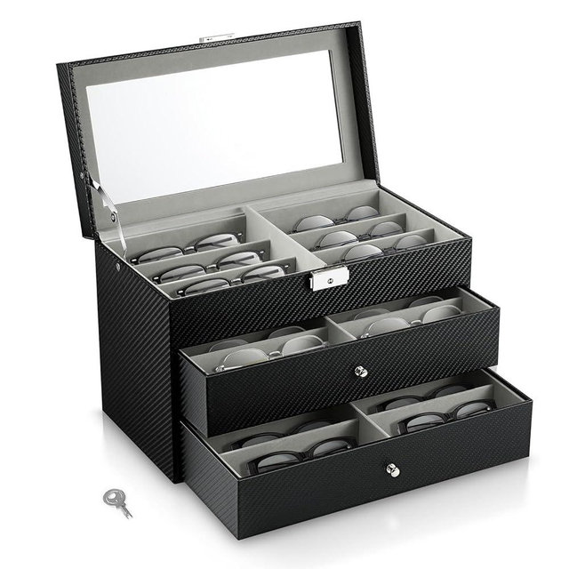 MoKo Sunglasses Organizer, Leather Sunglass Display Collection Holder Case with Drawer Clear Glass Lid
