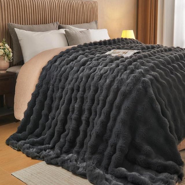 Lotus Karen Queen Size Faux Fur Blanket Dark Gray - Big Bubble Rabbit Fluff Blanket for Bed, Large Fluffy Fuzzy Cozy Blanket, Thick Furry Plush Shaggy Blankets, 90x90 Inches