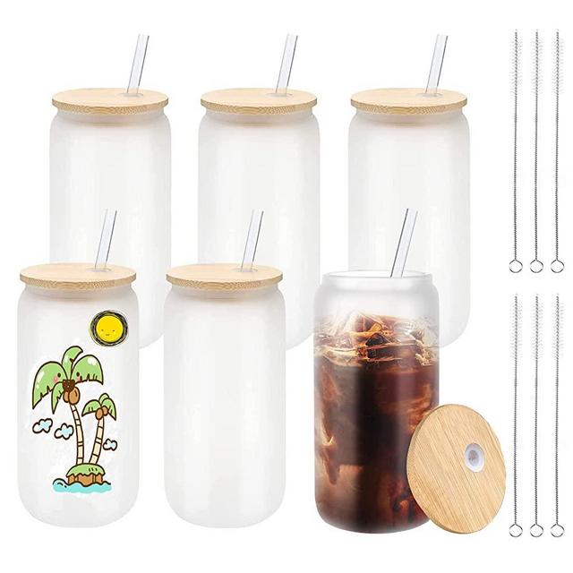 JMScape Sublimation Glass Blanks with Bamboo Lid 6pcs Set, 16oz Frosted Glass Cups with Lids and Straws, Sublimation Beer Can Glass, Borosilicate Glasses Tumbler for Iced Coffee Soda Drinks Beer