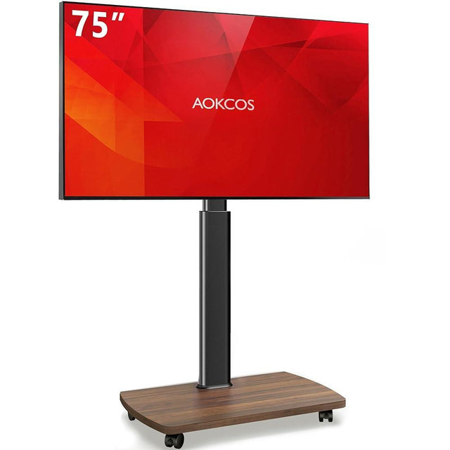 AOKCOS Rolling TV Stand, Portable Mobile TV Stand on Wheels for 43-75 Inch TV, 10 Level Height Adjustable, 12°Tilt & 50°Swivel, Tall Outdoor TV Floor Stand with Castors, Holds up to 110 Lbs, Walnut