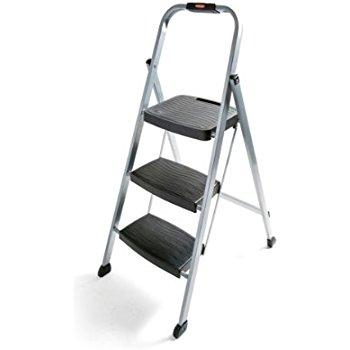 Rubbermaid RM-3W Folding 3-Step Steel Frame Stool with Hand Grip and Plastic Steps, 200-Pound Capacity, Silver Finish