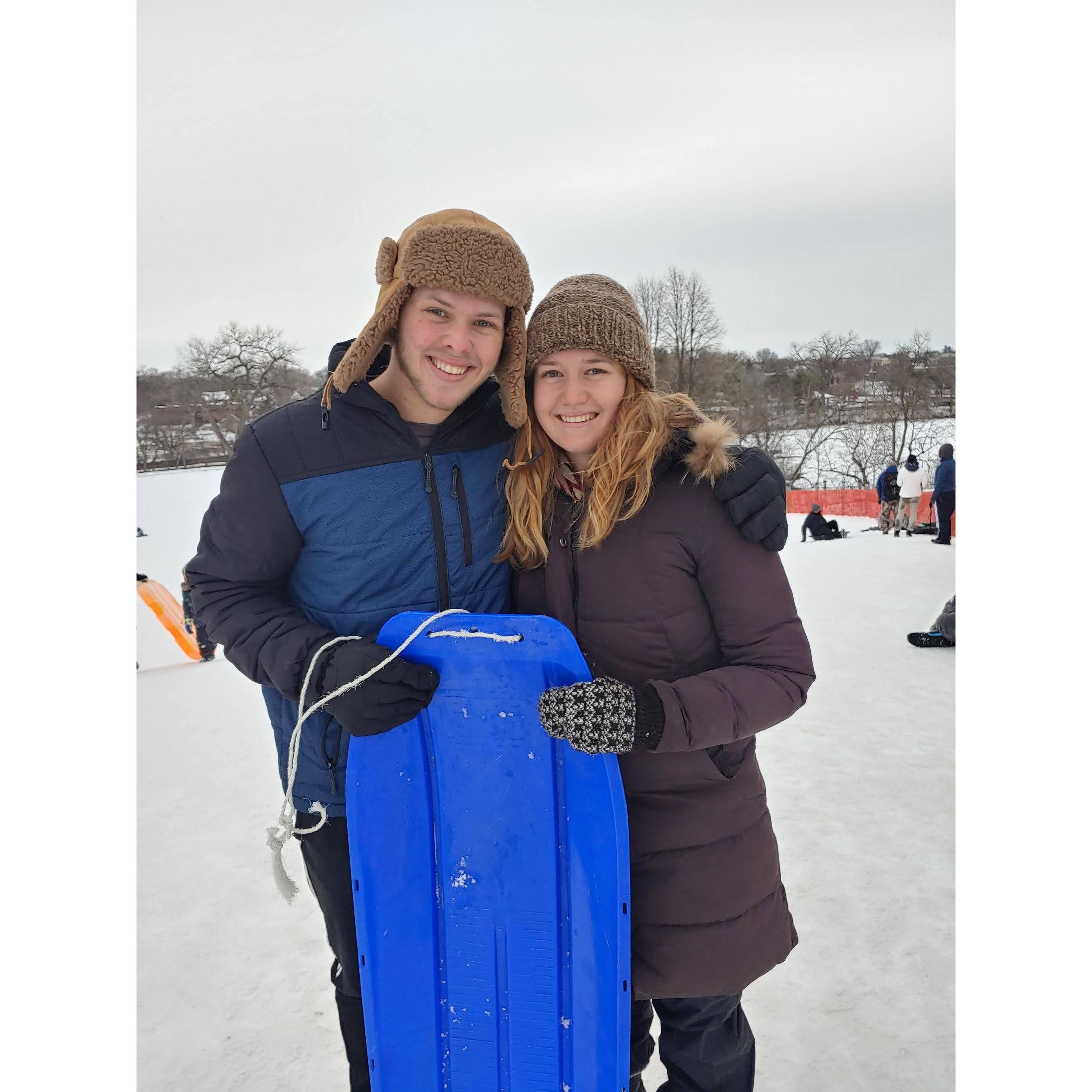Tamara's 1st time sledding in over 10 years, Wheaton, Feb 2021.