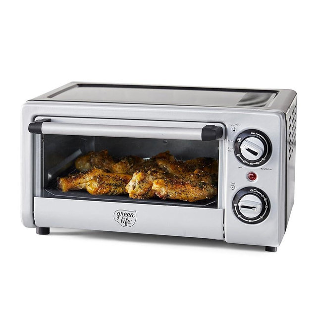 GreenLife Countertop Stainless Steel Toaster Oven Air Fryer, PFAS-Free, Ceramic Nonstick Tray Rack and Airfry Basket, Dual Heating, 4 Slice Capacity, Adjustable Temperature and Time Control, Black