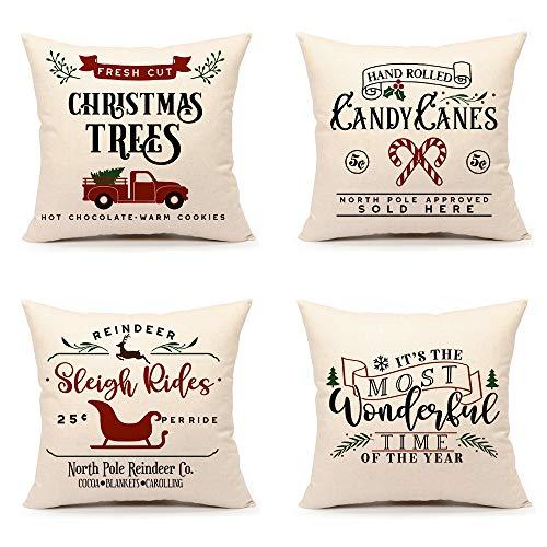 4TH Emotion Farmhouse Christmas Throw Pillow Cover Cushion Case for Sofa Couch 18 x 18 Inches Cotton Linen Set of 4