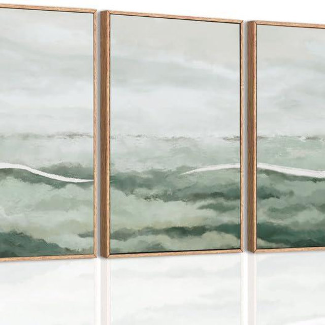 ANHUIB Green Wall Art 16x24 Inch Large Canvas Wall Art Abstract Watercolor Wall Decor Misty Landscape Art Prints Framed Neutral Paintings Set of 3 for Living Room Bedroom Ofice
