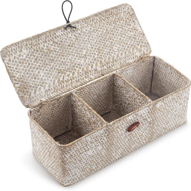 3 Section Seagrass Storage Basket, Handmade Shelf Baskets with Lid for Bathroom/Closet/Livingroom