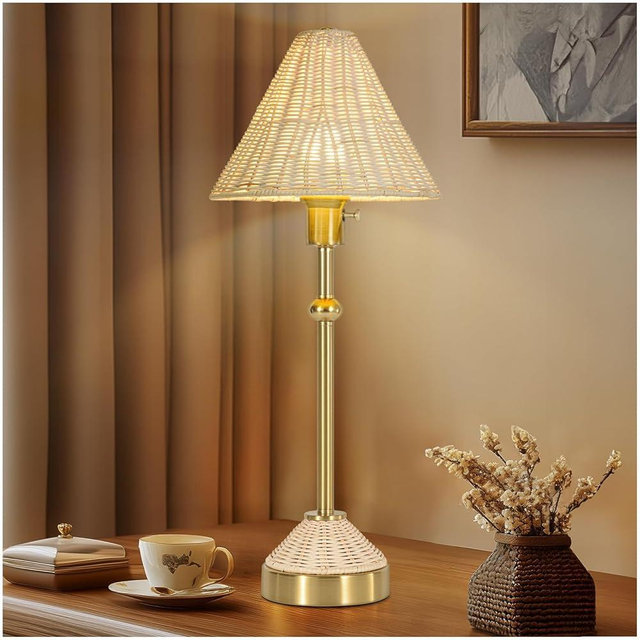 24.5" Rattan Table Lamp for Living Room, Rustic Gold Table Lamp with Lvory White Rattan Shade for Nightstand, Rotary Switch Bedside Lamp, Farmhouse Table Lamp for Reading Bedroom Office(Bulb Included)