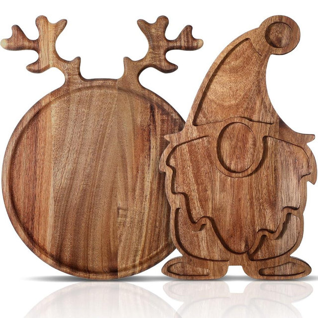 Umigy 2 Pcs Christmas Charcuterie Boards Christmas Tree Wooden Cutting Board with Handle Antler Acacia Wood Cute Cutting Board for Cheese Fruit Bread Salad Vegetables Snack Dessert(Santa Style)