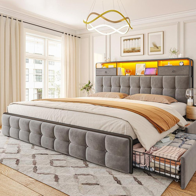 EnHomee King Bed Frame with 4 Storage Drawers King Size Bed Frame with Headboard Built in Charging Station and LED Lights, No Noise, No Box Spring Needed, Easy Assembly, Grey